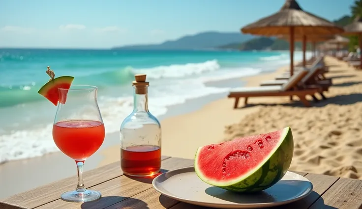 Sandy beach with waves, There are parasols, sunbeds and tables., There are cocktails, liquor and a tray on the table., There is a delicious looking watermelon on the plate..