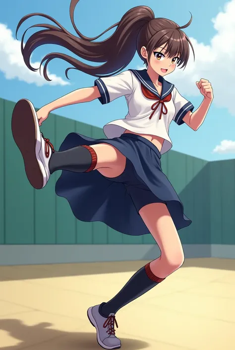 High Kick　uniform　high school girl　Long Skirt　Long Hair　Running pants