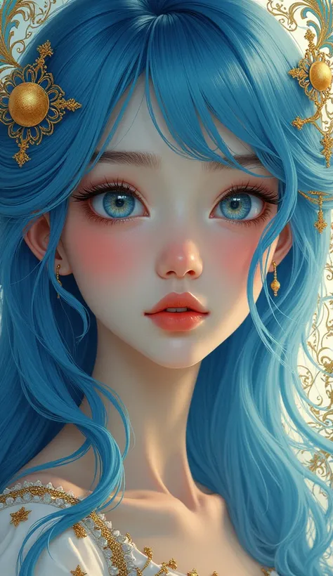 closeup illustration portrait of a girl, wearing flowing gown, art nouveau, blue hair, swirly intricate linework background by stanley artgerm lau, greg rutkowski, octane render hyperrealistic, thomas kinkade, alphonse mucha, detailed eyes