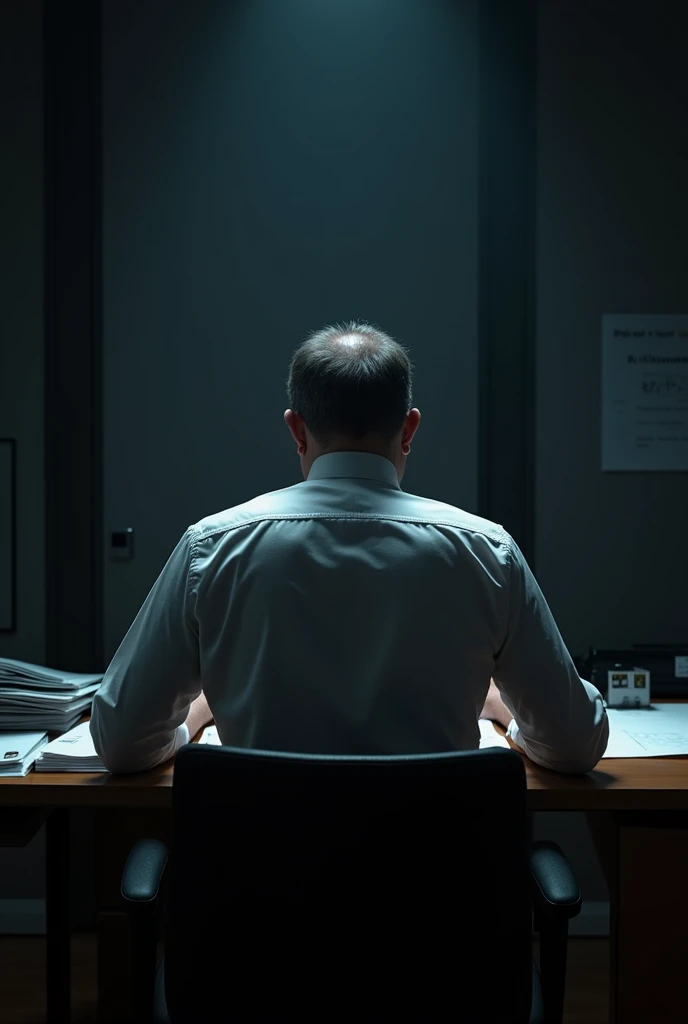 A serious man holding a pen doing his work. Sitting at desk. Show his back not his face. Make the room dark. And make the motivational. 