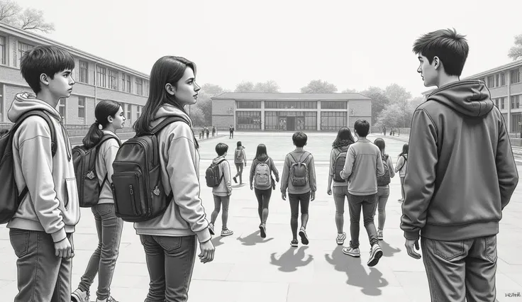 Realistic drawing of a school of teenagers showing learning and football