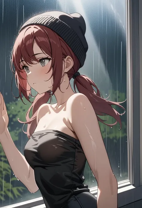 best quality, masterpiece, stoic,young woman, from the side, looking out window, hands on window glass, sunrays, upper body, close up, Gray eyes, dark red hair, swept bangs, low twin tails, white ribbons, strapless black shirt, black beanie, jeans, small b...