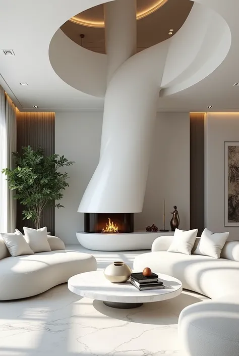 Professional 3d architecture rendering design of modern and minimal so light big curve white  velvet sofa and white marble slab stone and white  white marble flouting fireplace and spiral painting wall and modern  and elegant accessories and sculpture and ...