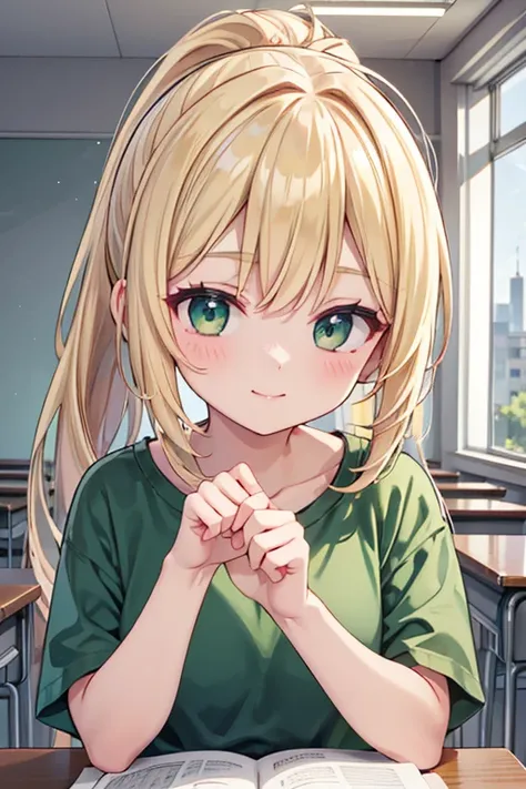 masterpiece,best quality,super detailed,super fine illustration,8k,perfect face,perfect body,English Teacher,little smile,holding textbook,Blonde,ponytail,green T-shirt,cute,green eyes,25yo,BREAK in class room,detailed background,beautiful background,