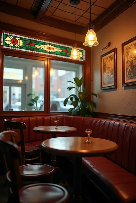 Photorealistic, A view from a wooden table in a corner of a retro coffee shop with stained glass lights