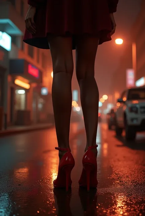 RAW, Best quality, high resolution, work: 1.3), Red heels  (iu:0.8),8K, Masterpiece, RAW photo, Best quality, detail:1.2),Photorealistic, Extremely detailed Cg Unity 8K wallpapers, Depth of field, street light, Lens flare, Ray tracing, red heels, black gir...