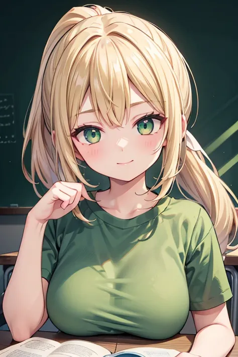 masterpiece,best quality,super detailed,super fine illustration,8k,perfect face,perfect body,woman,English Teacher,little smile,holding textbook,Blonde,ponytail,green T-shirt,cute,green eyes,25yo,(face brasched:1.3)BREAK in class room,detailed background,b...