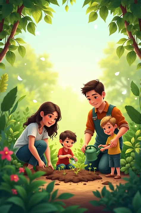 Central Image: A family planting in a garden. You can show the family members engaged in different activities, such as digging, planting, or watering.Natural Elements: Surround the image with elements like leaves, flowers, or plants to highlight the ecolog...