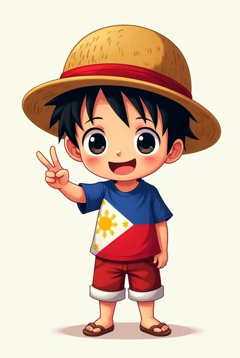 Chibi filipino boy wearing luffy’s hat and philippine flag patter shirt doing peace sign