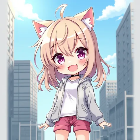 a chibi anime 1girl with cat ears, shirt, shorts, city background, smile