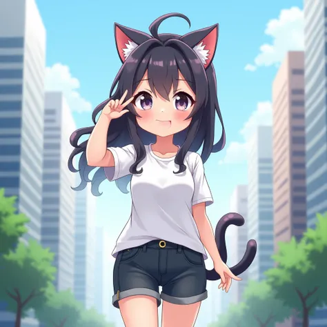 a chibi anime 1girl with cat ears, shirt, shorts, city background, smile