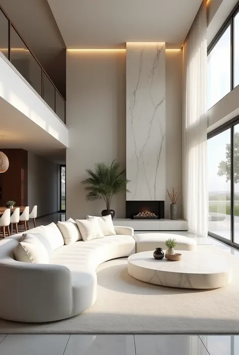 Professional 3d architecture rendering design of modern and minimal big curve  white velvet sofa and white marble slab stone middle table and  modern ceiling lighting and modern windows and beautiful curtains and white marble slab stone modern fireplace an...