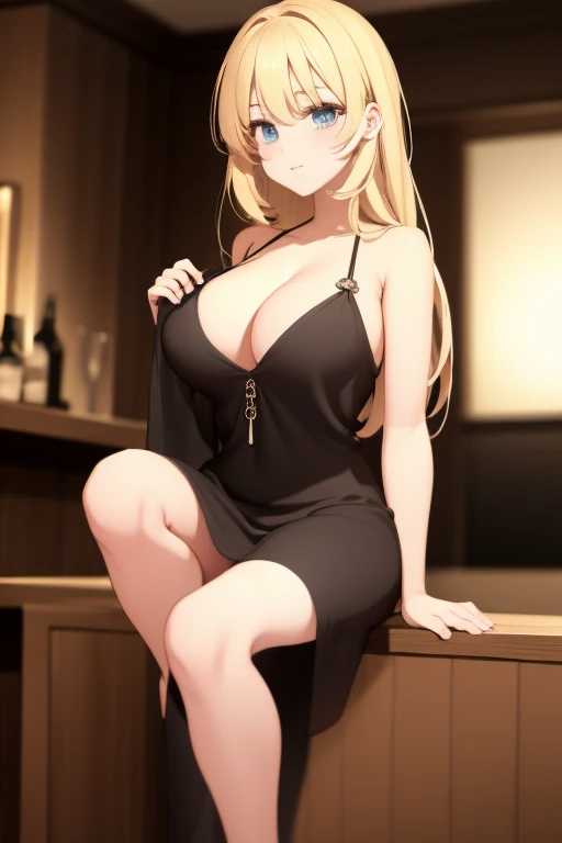 ((masterpiece)) (Super detailed girl) ((1chica)) long, blonde hair (pose sensual) sitting on a chair in a bar (scenario: bar) (short and super marked clothes , black dress, ) (super developed girl) (light blue eyes)