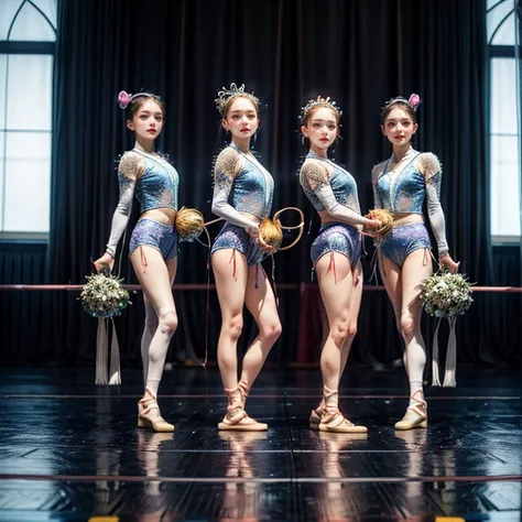 ExtremelyDetailed (((Rhythmic Gymnastics Team Kawaii Kids in a row:1.4))), Childish perfect face, Reflective Eyes, Detailed(Delicate Clothing textures), Corrected Leg to Foot Line, Corrected Perfect Hand, Dynamic Joyful Expressions LifeLike Rendering, ((Sp...