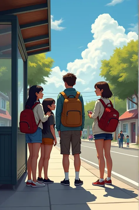 4 friends are waiting at the bus stop to go to school