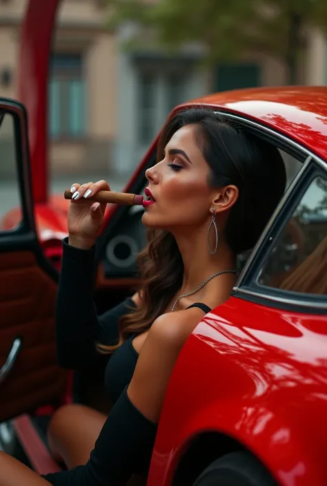 A red sports car with the doors open and a girl inside smoking a cigar, The girl is wearing a black dress with a low neckline