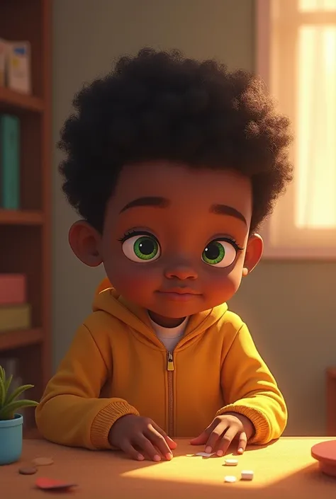 The image may show a boy named Pedrinho,  is 8 years old, light-skinned black, who seems intelligent and curious. He has green eyes, bright as grapes, but closed or gently covered to show that he cannot see. Pedrinho may be touching an object or listening ...