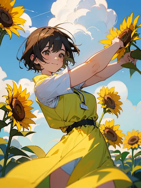  master piece, best quality, for below, cinematic angle, upper body , pigeon toed,  
Anime-style Moe illustration, summer vacation theme, 20-year-old woman, sunflower field, short hair, 
Picnic Maxi Dress, slightly inner thighs, smile, accurate drawing, Ac...