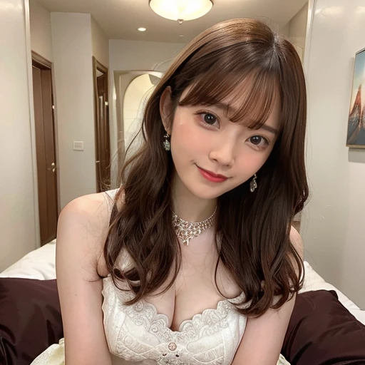 masterpiece, Best Quality,, Ultra-detailed, finely detail, hight resolution,1girl, blunt bangs, smile, blush, bed, breasts, white princess dress, sitting、nogizaka、Beautiful brown eyes:1.３、17-year-old, red head, absurdrez, sensual, elegante, charm, shiny sk...