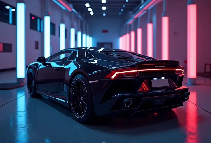 a banner for a streaming channel that is in a room with LED lights that contains a black sports car and that looks realistic, even in the paint of the car you can see the reflections of the 8k lights, that the room is gamer type. and the image size does no...