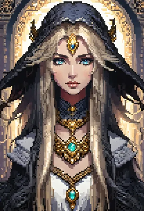 Create a pixel art image of Nylin, the Guardian of the Shadows. She must have an ethereal and imposing appearance., with long blond hair and a garment mixed with white fabric and gold carvings. Nylin must be shrouded in an aura of shadows, with his body pa...