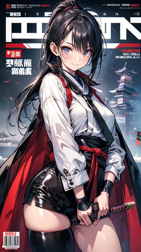 Magazine Cover　Adult features　ponytail　length, Narrow eyes　smile　Glare　frivolous attitude　Japanese clothing　White shirt　Black hot pants　Black long gloves　Black knee socks　Keep your hands on your hips　Japan Hold the sword to your waist　Cape　mechanized japan...