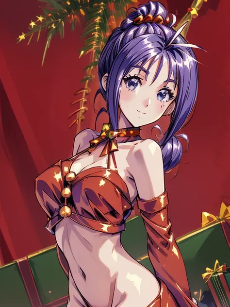 ((masterpiece)),((Ayako Katagiri)),((Katagiri Ayako)),((Mischievous Smile)),Anatomically perfect fingers,(((Christmas))),(((Santa Claus Costume))),winter,Separate costumes,Exposed navel,sexy,Exposed shoulders