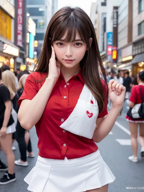 Product quality,1 girl,Cowboy Shot,Front view,(Thigh Emphasis:1.6),Young and sexy Japanese girl,20-year-old,Harajuku,(Crowded street:1.4),Snazzy,((Red Shirt:1.5)),wear,(Snazzyバッグ:1.3),Fashionable necklaces,Stylish earrings,((White Ultra Short Micro Mini Sk...