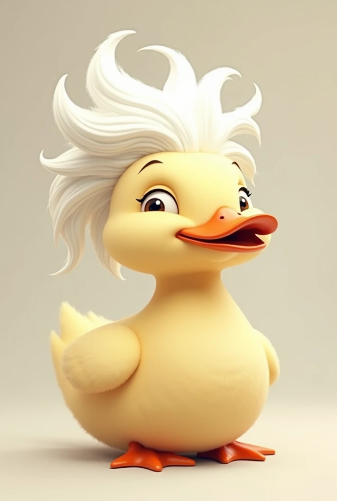 Make a duck avatar with white long hair and the face is droll