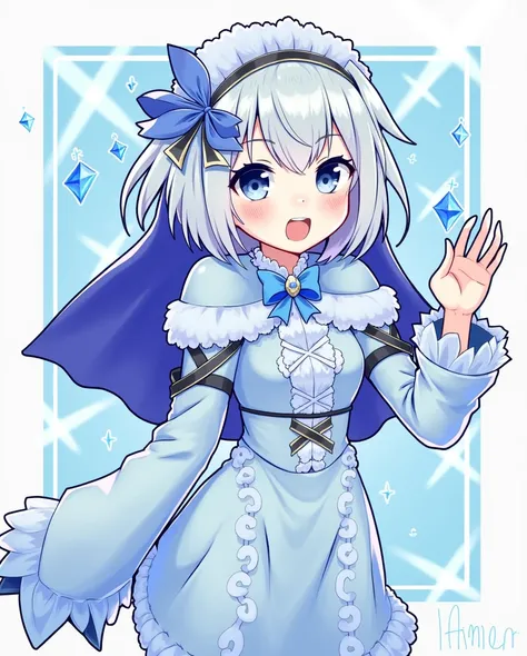 Her name is Amber, the snow queen. Her skin is white, she has ice blue clothes and she can use ice magic.