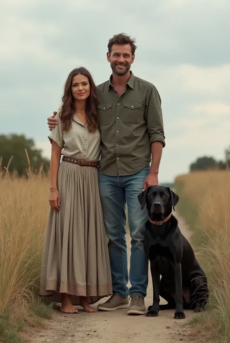 A man casually dressed standing and his wife wearing a long skirt kneeling on his left and a black dog on his right side