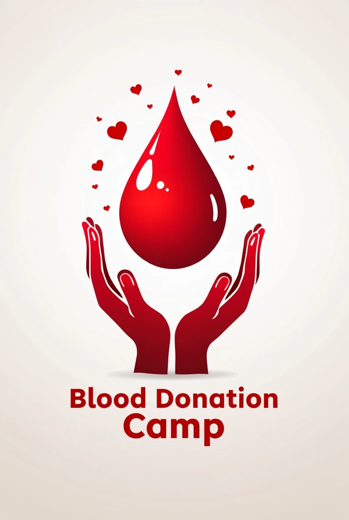 Create a poster for a Blood Donation Camp with a color theme of red, white, and light gray, incorporating images like a blood drop and hands holding a heart."
