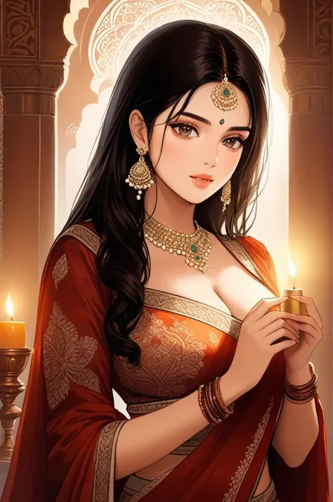 (best quality,highres,realistic:1.37)a beautiful indian lady with a regal and elegant demeanor,detailed digital art portrait,princesscore,realistic historical fiction,captivating detailed eyes and luscious lips,fierce and confident expression,ornate histor...