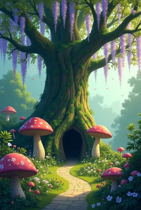 A virtual 15th birthday invitation with a secret garden theme featuring Wisteria flowers with no one around, with giant mushrooms  ,with several passages  ,and giant tree