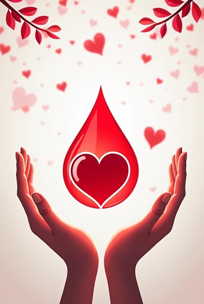 Create a poster for a Blood Donation Camp write Blood donation camp with a color theme of red, white, and light gray, incorporating images like a blood drop and hands holding a heart."
