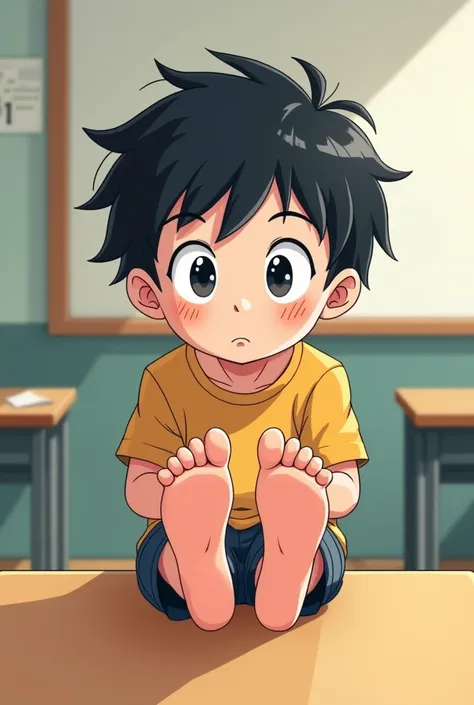 2D anime style, nerd barefoot boy school 7 years old sitting on empty table lifting feet, wrinkled soles,