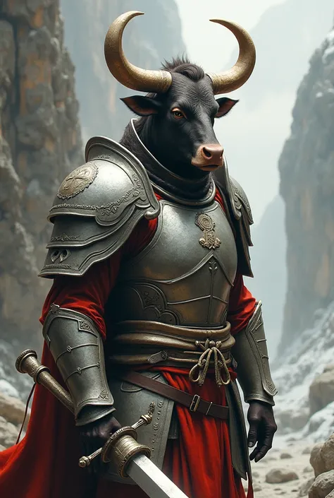 Minotaur in Greek mythology，Wearing silver and simple cleric armor，Inspired by the Classic of Mountains and Seas，cow head，cow horn，armor，silver shiny simple sword，ginger fur, Anthropomorphic paladin cow，Traditional Chinese concept art