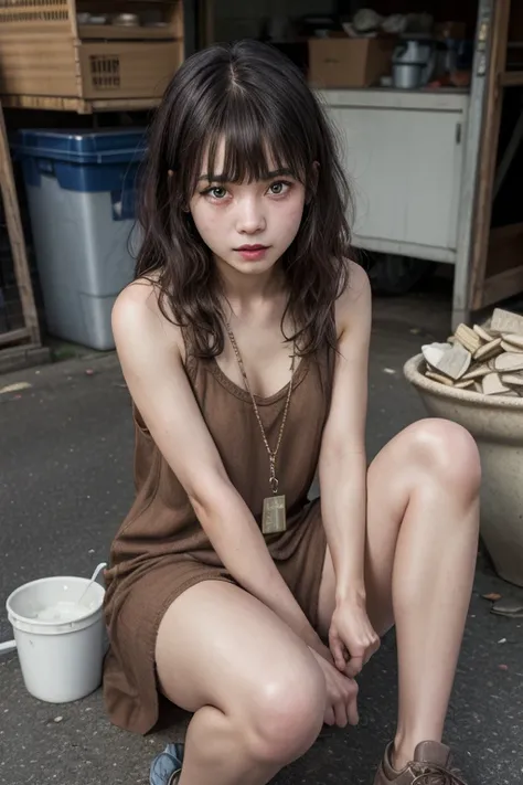 Highest quality, masterpiece, High resolution, detailed, Perfect Anatomy, Rugware, Dirty clothes, Brown clothes, One girl, Brown eyes, Brown dress, Beggar, Slums, How to write the text, Swept-apart bangs, Long Hair, Beggar for money, On my knees, Holding b...