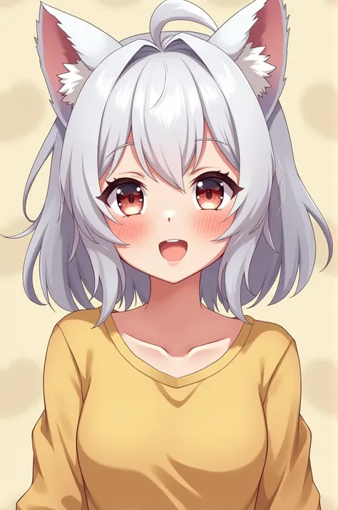 Make an adult anime girl with duck shirt with white hair and furry ears