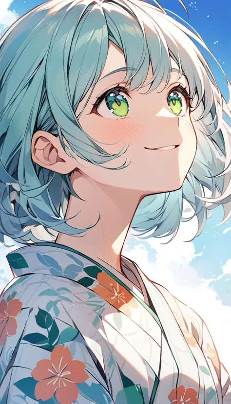 Light blue hair、Short Bob、Deep green eyes、Age 25、Yukata with floral pattern on white background、smile、looking outside、Looking up at the sky、outside