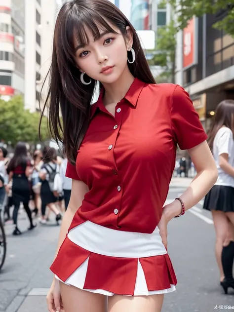 Product quality,1 girl,Cowboy Shot,Front view,(Thigh Emphasis:1.6),Young and sexy Japanese girl,20-year-old,Harajuku,(Crowded street:1.4),Snazzy,((Red Shirt:1.5)),wear,(Snazzyバッグ:1.3),Fashionable necklaces,Stylish earrings,((White Ultra Short Micro Mini Sk...