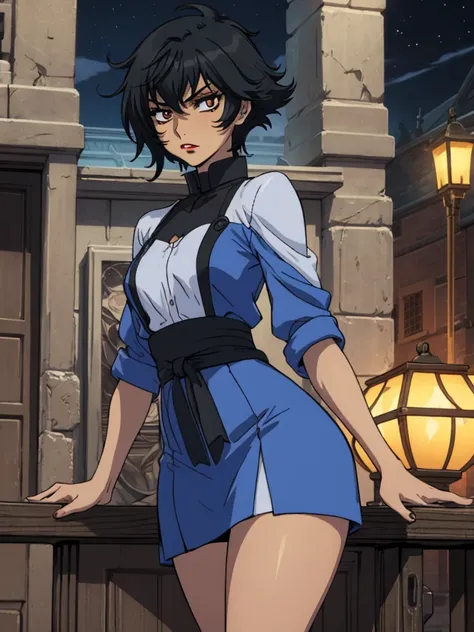 best quality, ultra-detailed, best illustration, masterpiece, high res (1girl:1.3), closed mouth, (19 years old), ((1girl)), ((((solo))), (((alone))), (((genderbend))), (((female))), wide hips, thick thighs, flat chest, narrow waist,  ((blue top)), ((blue ...