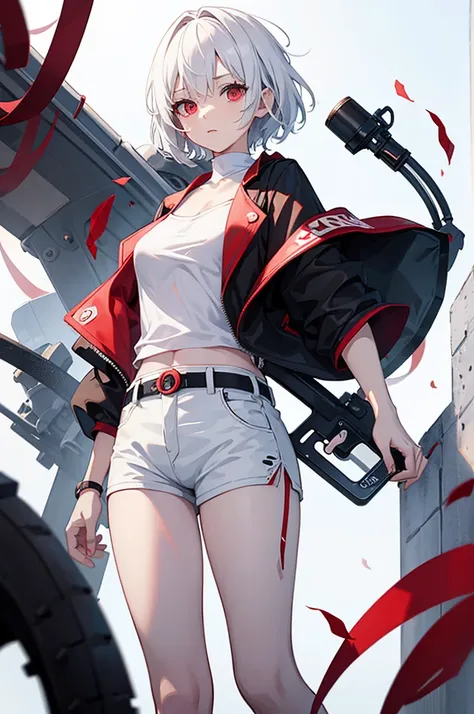 anime girl white short hair red eyes, white shirt black pants, white background, full body.