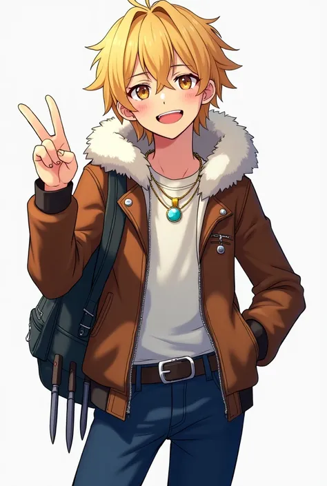 adolescent, Whole body, athletic, blond hair, smile, eyes the color of honey, Leather jacket with polar fleece on the hood, schoolbag, belt with knives, blue pants, black boots, Gold necklace with a sky-blue gem, power in one hand, anime, 4k, epic