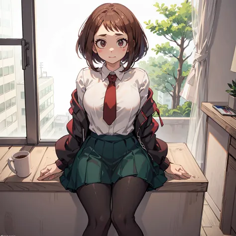 ((Uraraka Ochako)), ​masterpiece, sitting, office background, minimalist art, detailded, meticulous art, No defects, character focus, cenário detailded, body providing, beautiful  face, Body cute, animated cartoon, arte anime, perfect art, perfectionism, (...