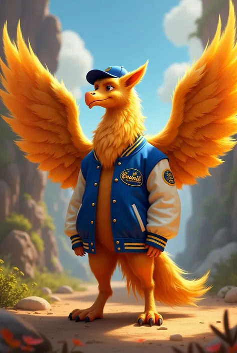 Disney Pixar style poster of a full body golden colored mythological griffin,standing on two legs, with wings, wearing a royal blue varsity jacket with white sleeves,a gold logo that says Ceunib and a navy blue cap backwards