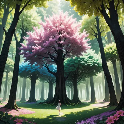 The Enchanted Grove: Picture a grove filled with vibrant, glowing flowers in every color imaginable. The trees are tall and their leaves shimmer with a magical light. Imagine the flowers emitting a soft, enchanting fragrance, filling the air with a sense o...