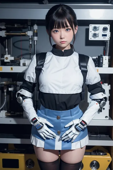 masterpiece, best quality, extremely detailed, Japanese android girl,Plump ,control panels,Mechanical Hand,Robot arms and legs, robot assembly plant,white robot body,blunt bangs,skirt,black knee high socks,blue  eyes