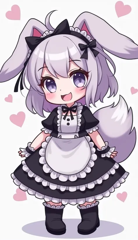 Cute furry bunny girl with white hair and very light pastel purple hair with floppy bunny ears prism gray eyes with a beautiful robust body, big bust and hips and chubby anime style appearance wearing a black and white goth lolita dress and knee-high boots