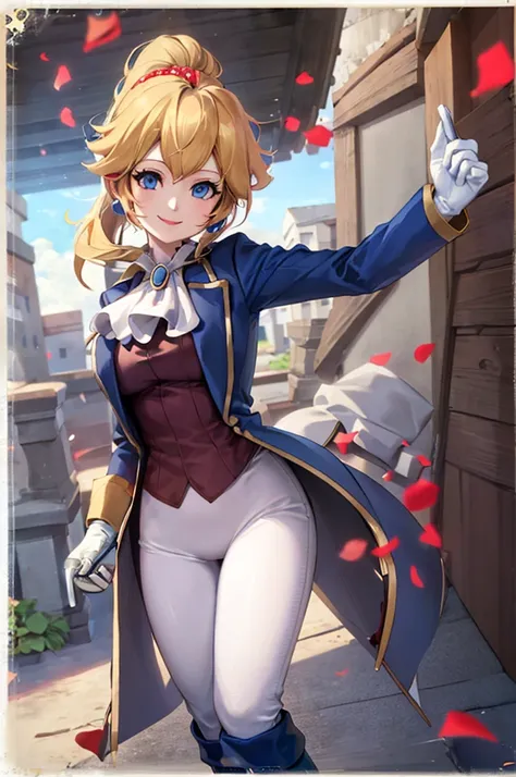 ((masterpiece,Highest quality)), Absurd, sword fighter_peach, alone, One girl, Have, Blonde, blue eyes, jewelry, Earrings, Long Hair, saber, Have feather, pants, Ascot, Red Rose, Have flower, ponytail, White gloves, boots, Blue jacket, Long sleeve, smile, ...